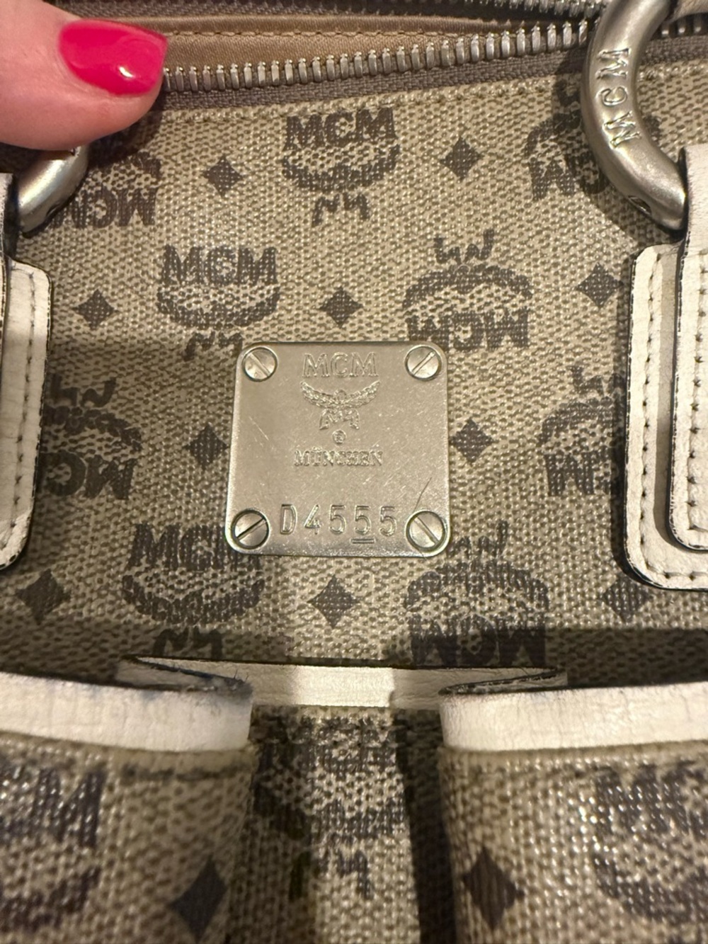 MCM Beige Monogram Mini Satchel with White Trim - Picture 8 of 10